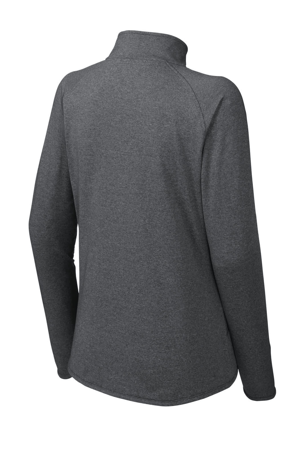 A grey ladies' pullover featuring a half-zip design and a stand-up collar, with a logo on the back.