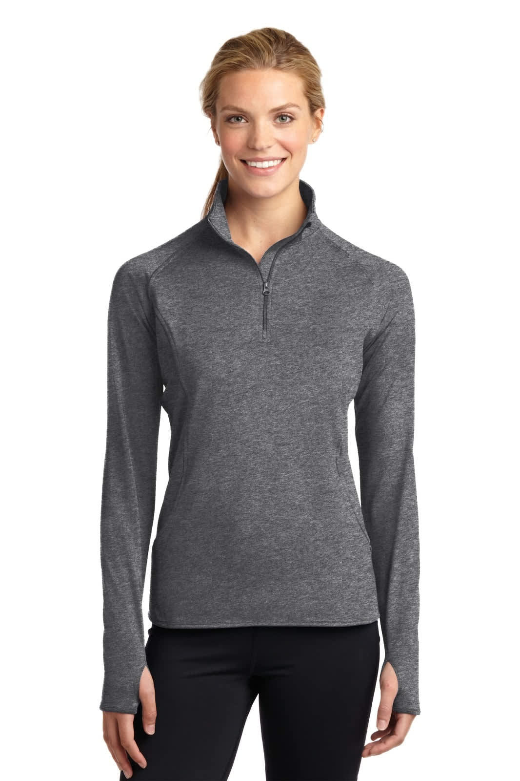 A grey ladies' pullover with a half-zip collar and long sleeves, featuring a logo on the chest.