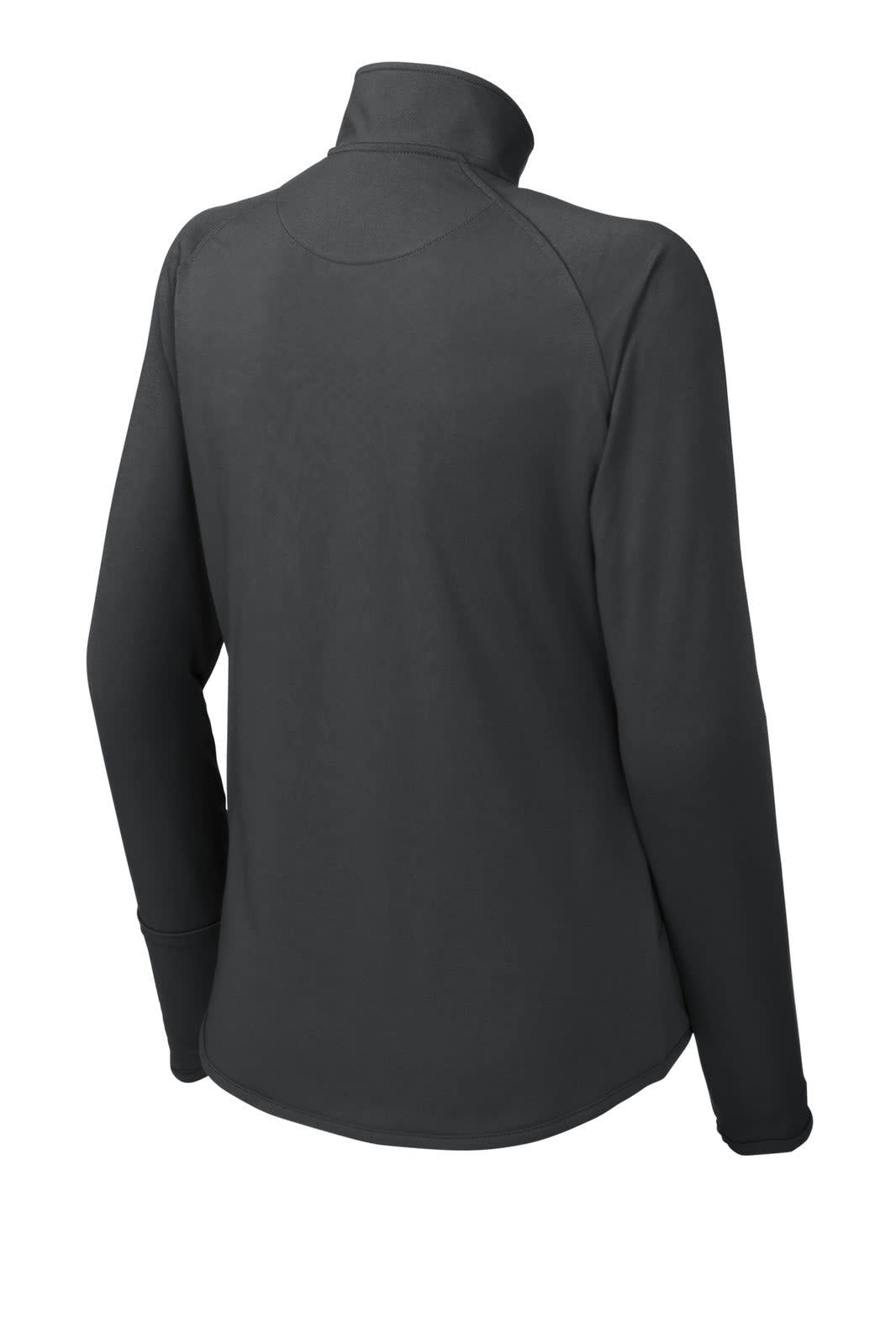A black Sport-Tek Ladies Sport-Wick Stretch 1/2-Zip Pullover with a high collar and long sleeves, featuring a logo.