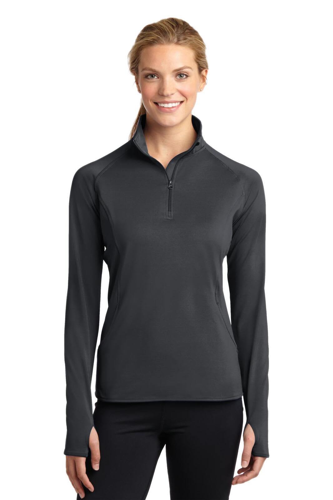 A women's black Sport-Tek Sport-Wick Stretch 1/2-zip pullover with long sleeves and a logo.
