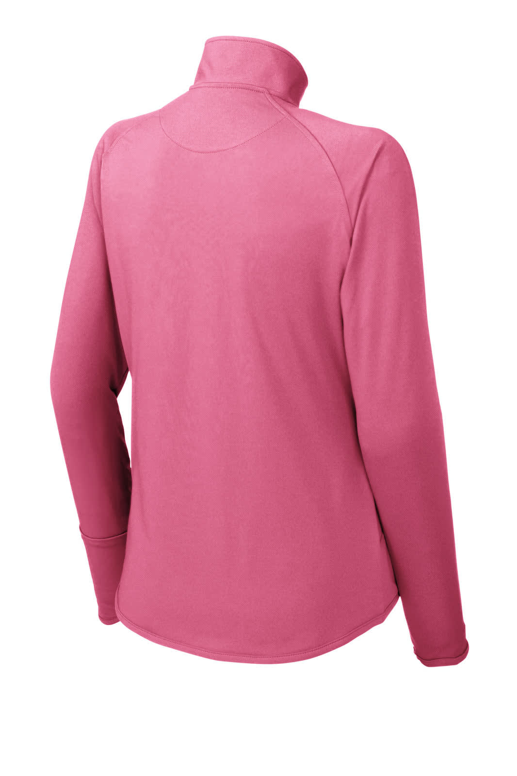A pink Sport-Tek Ladies Sport-Wick Stretch 1/2-Zip Pullover featuring a high collar and long sleeves, with a logo on the back.