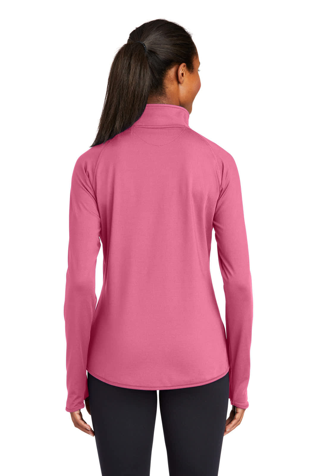 A pink Sport-Tek Ladies Sport-Wick Stretch 1/2-Zip Pullover featuring long sleeves and a high collar, with a branding logo.
