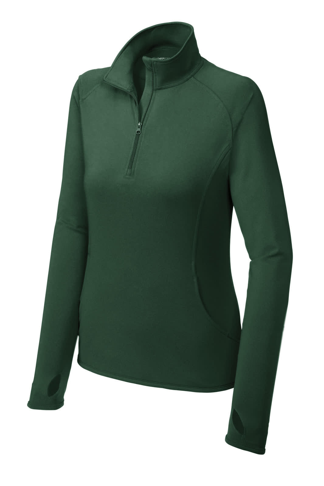 A green Sport-Tek Ladies Sport-Wick Stretch 1/2-Zip Pullover with long sleeves and a collar, featuring a logo.