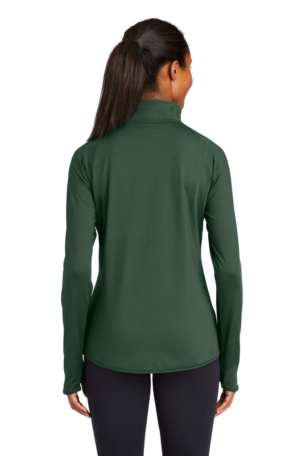 A green Sport-Tek ladies' pullover with a high collar and long sleeves, featuring a logo on the back.