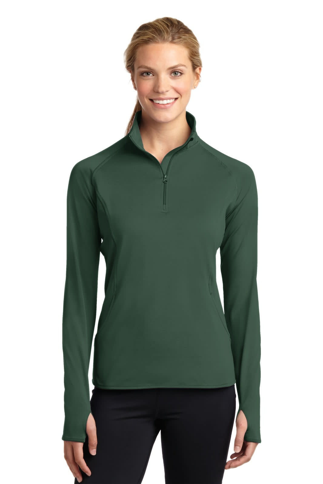 A green ladies' 1/2-zip pullover with long sleeves, featuring a logo on the chest.
