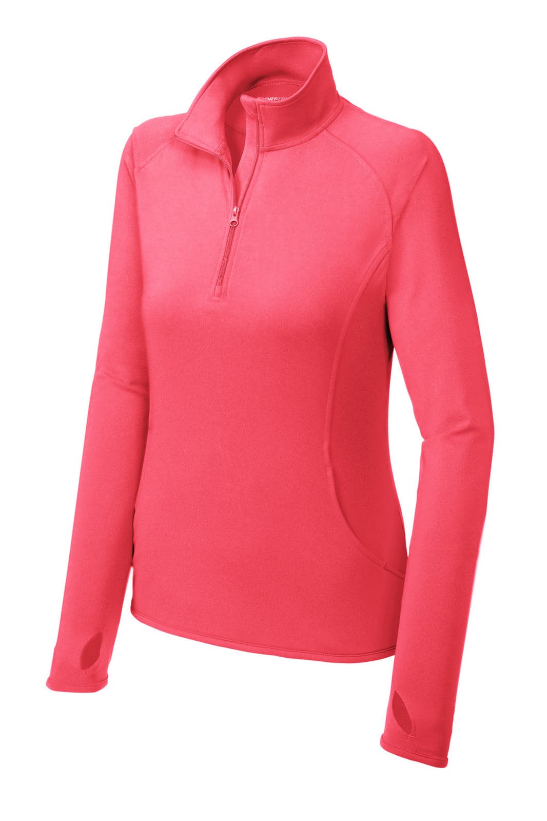 A pink Sport-Tek Ladies Sport-Wick Stretch 1/2-Zip Pullover featuring long sleeves and a high collar.