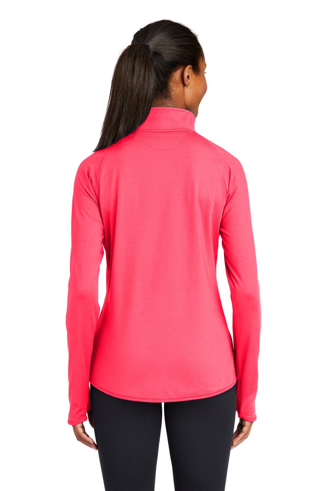 A pink Sport-Tek Ladies Sport-Wick Stretch 1/2-Zip Pullover with a high collar and long sleeves.