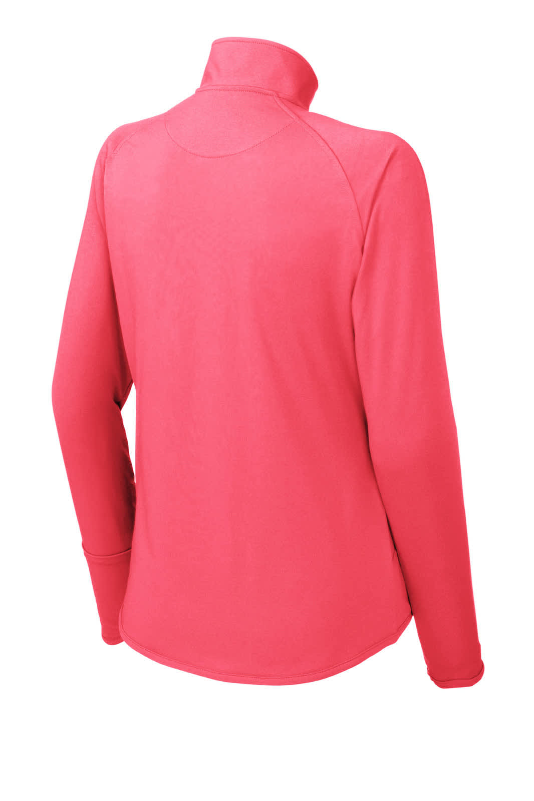 A pink Sport-Tek Ladies Sport-Wick Stretch 1/2-Zip Pullover featuring a high collar and long sleeves, with a logo.