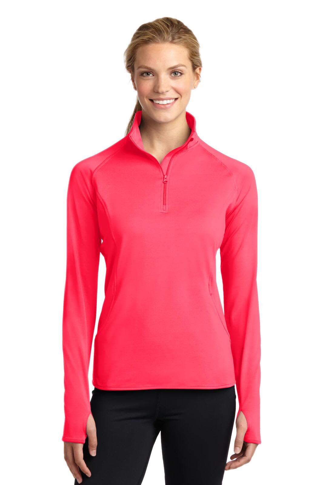 A pink Ladies Sport-Wick Stretch 1/2-Zip Pullover featuring long sleeves and a high collar, with a logo on the chest.