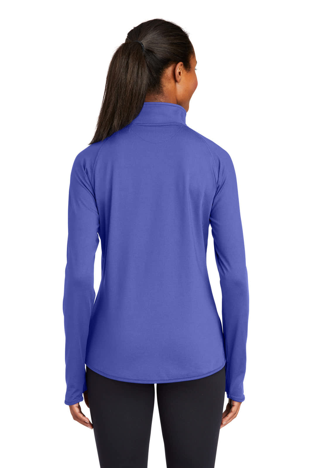 A purple ladies' pullover with a half-zip design and a high collar, featuring a logo.