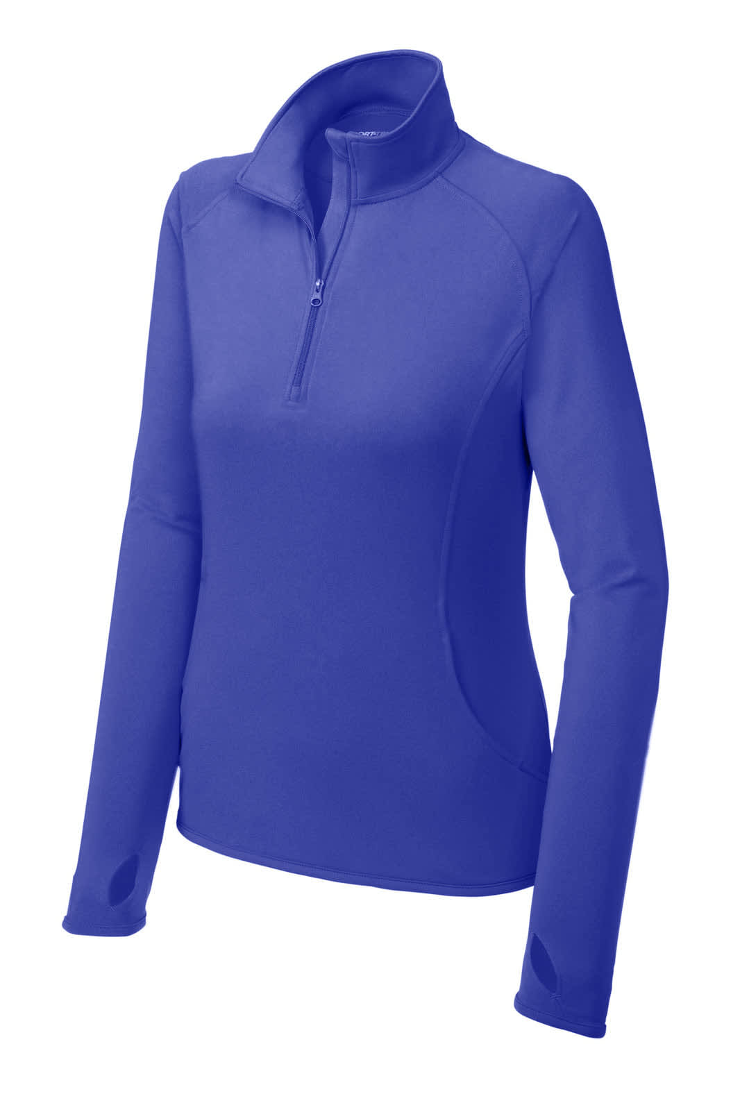 A purple Sport-Tek Ladies Sport-Wick Stretch 1/2-Zip Pullover with a collar and long sleeves. Features a logo.