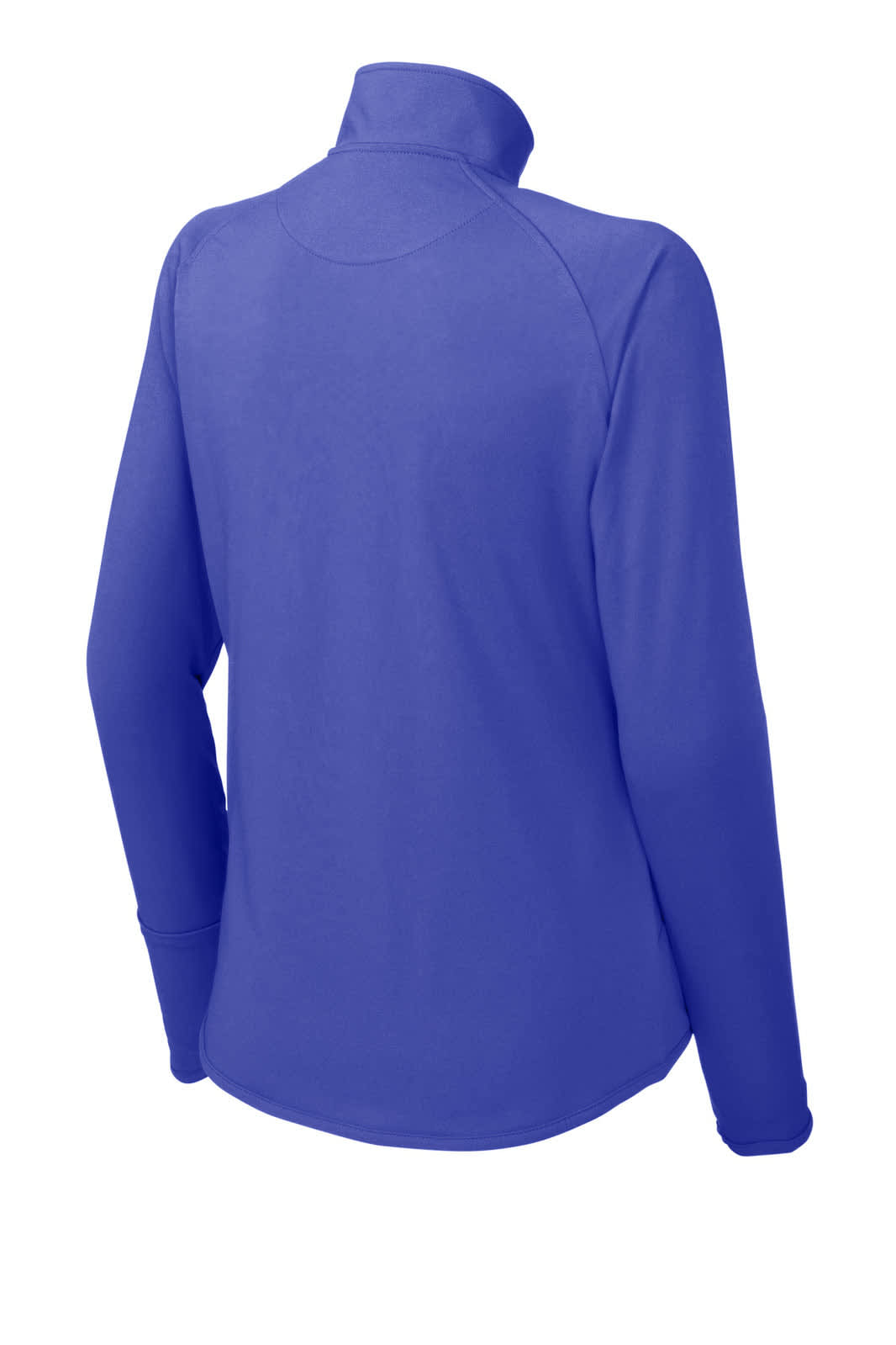 A blue Sport-Tek Ladies Sport-Wick Stretch 1/2-Zip Pullover with a high collar and long sleeves, featuring a logo.
