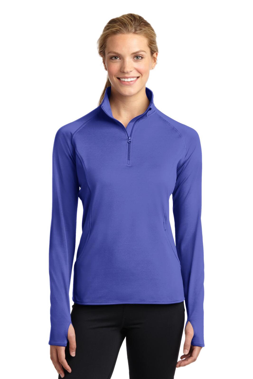 A purple ladies' 1/2-zip pullover made from Sport-Wick Stretch fabric, featuring a logo on the front.