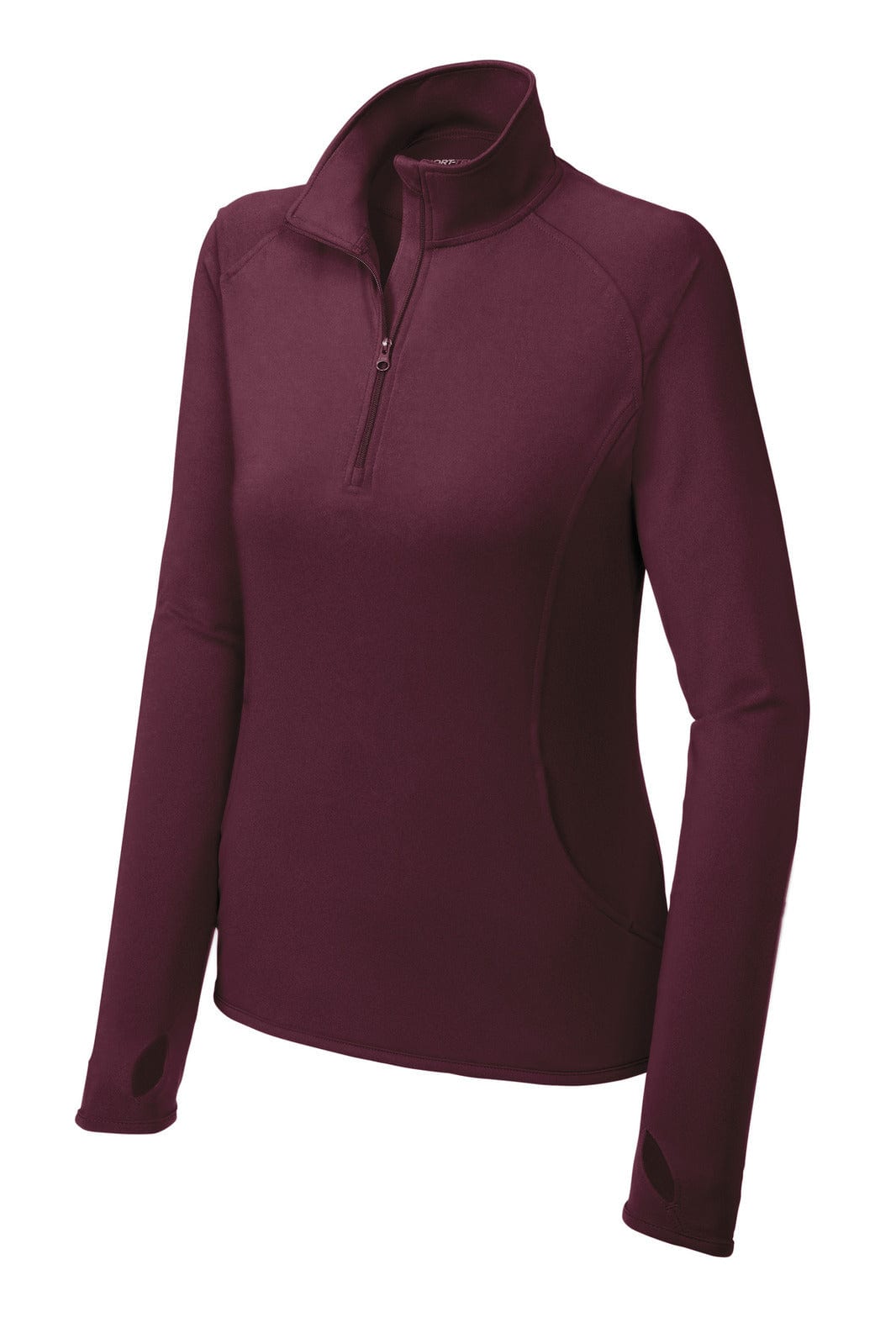 A maroon Sport-Tek Ladies Sport-Wick Stretch 1/2-Zip Pullover with a logo, featuring long sleeves and a high collar.