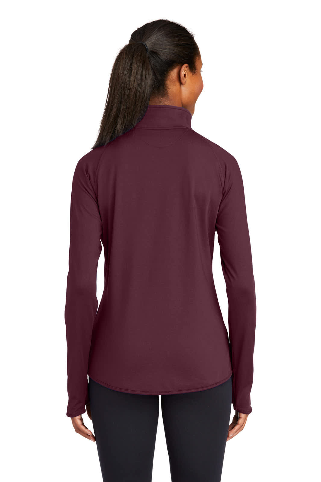 A burgundy Sport-Tek Ladies Sport-Wick Stretch 1/2-Zip Pullover featuring long sleeves and a high collar.