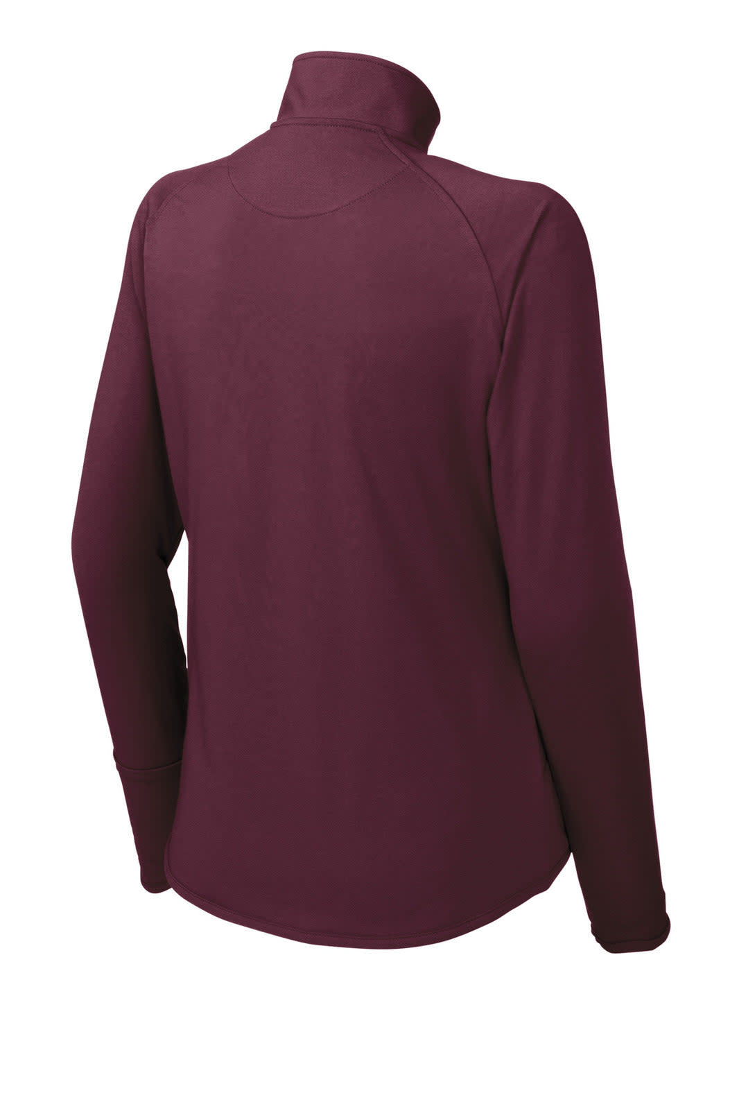 A maroon Sport-Tek Ladies Sport-Wick Stretch 1/2-Zip Pullover with a sleek, minimalist design and a logo.