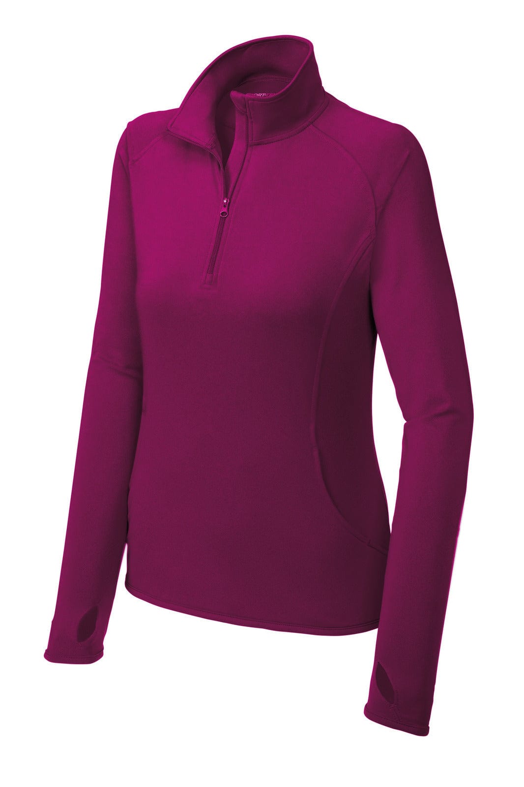 A magenta long-sleeve pullover with a 1/2 zip and a collar, featuring a logo on the front.