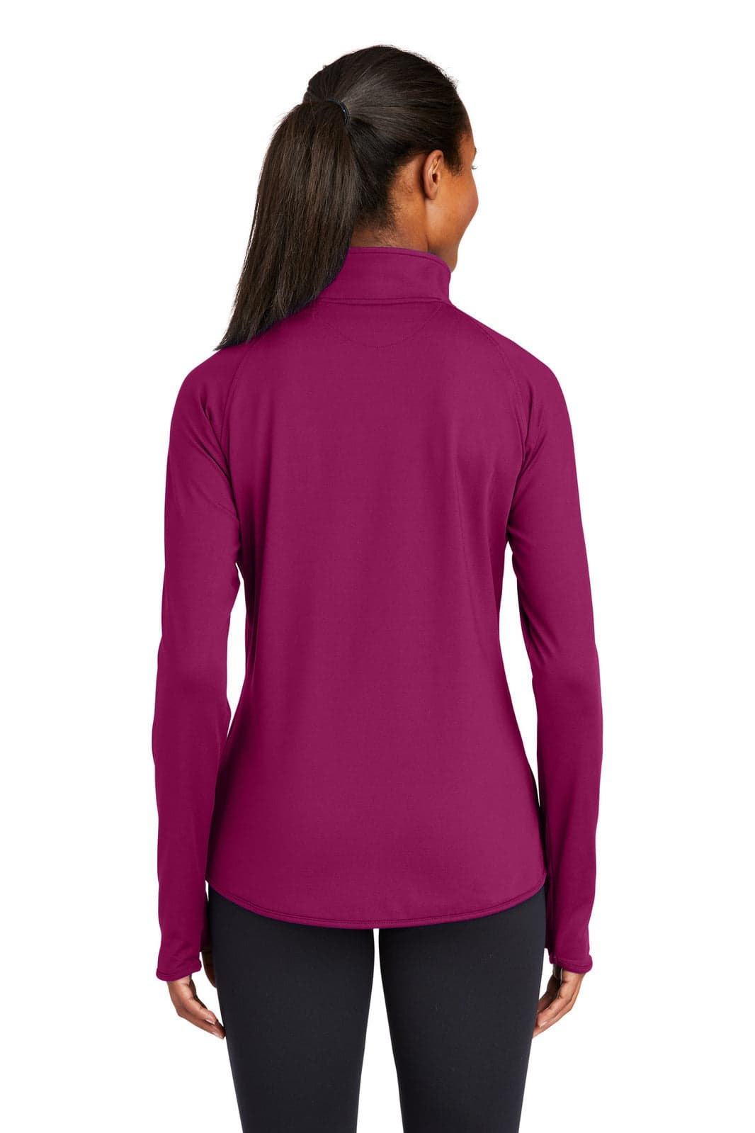 A maroon ladies' pullover with a 1/2-zip and long sleeves, featuring a logo on the back.