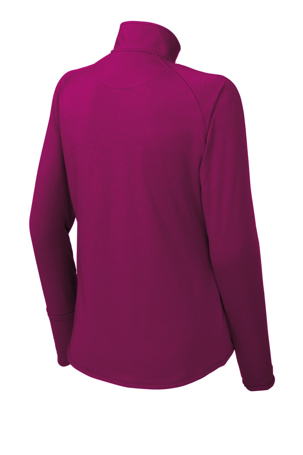 A back view of a ladies' pullover in a vibrant magenta colour, featuring a high collar and long sleeves.