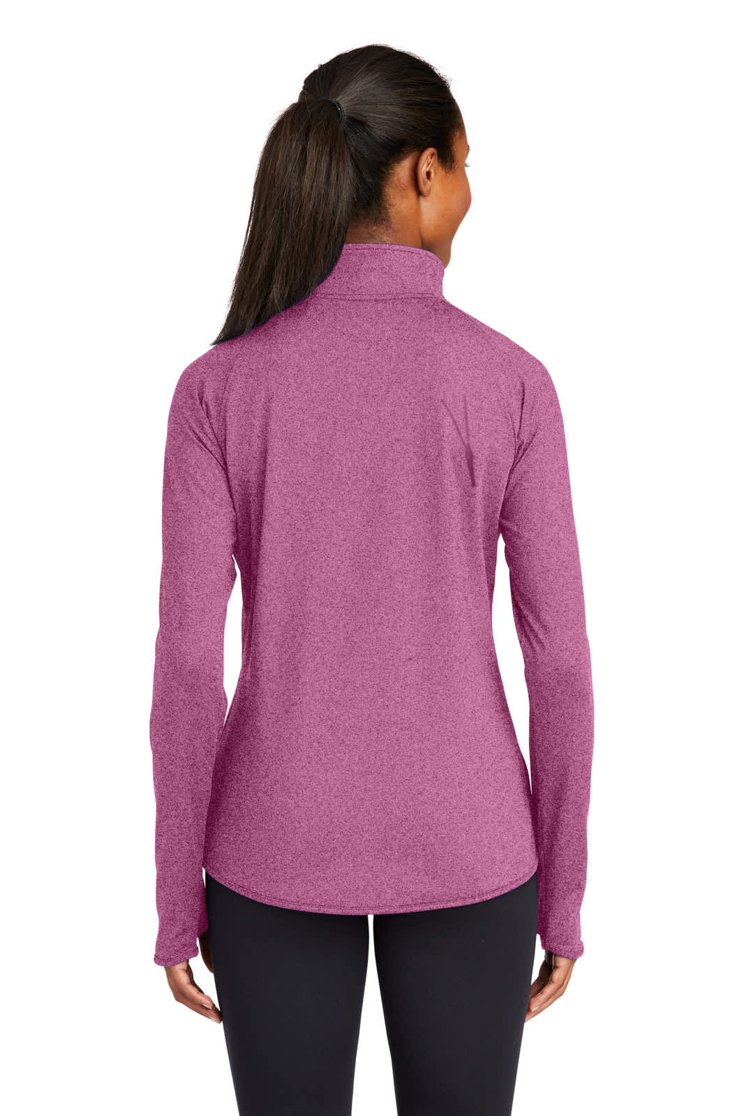 A pullover in a vibrant pink hue with long sleeves and a half-zip collar, featuring a logo on the back.