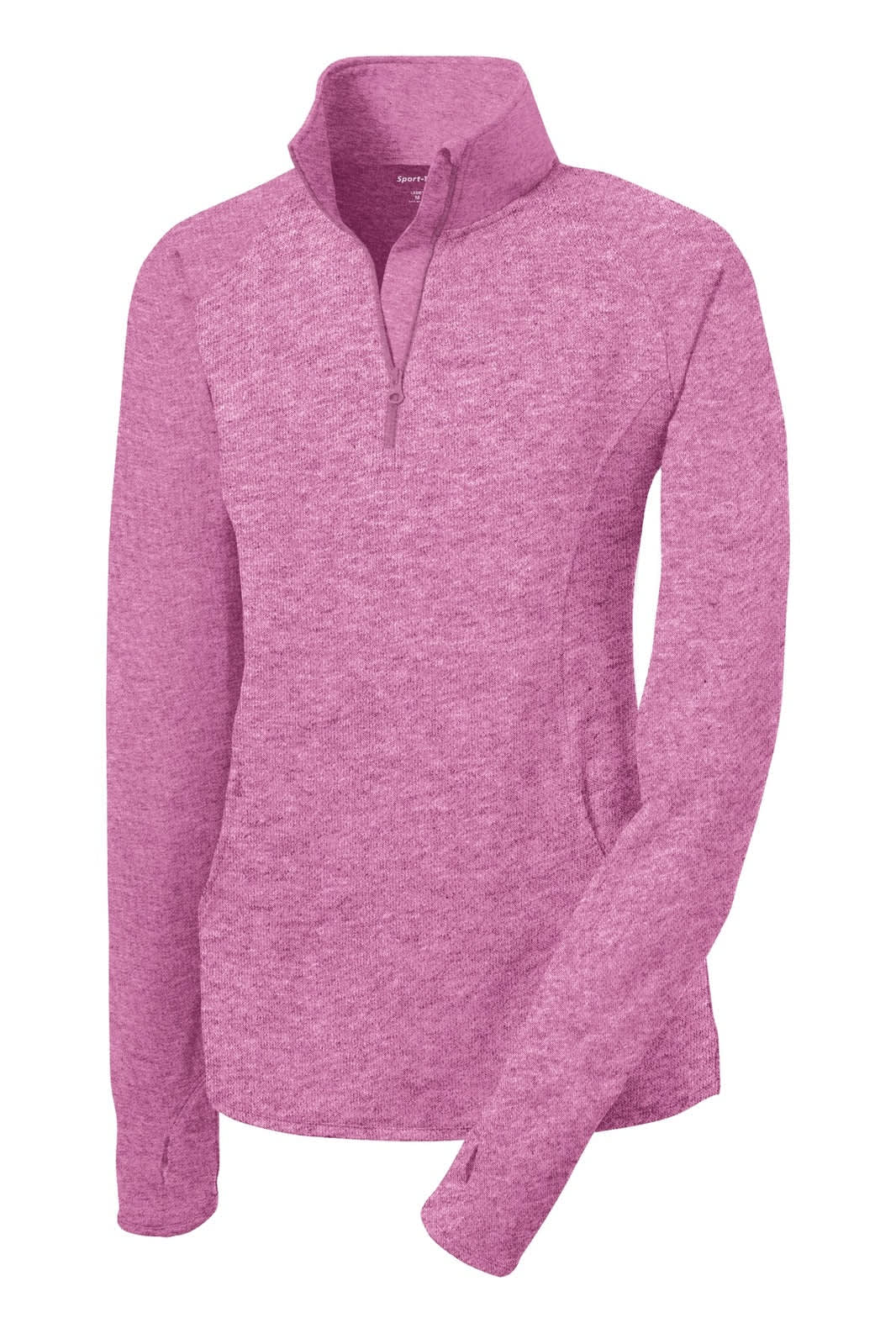 A pink Sport-Tek Ladies Sport-Wick Stretch 1/2-Zip Pullover with a collar and long sleeves, featuring a logo.