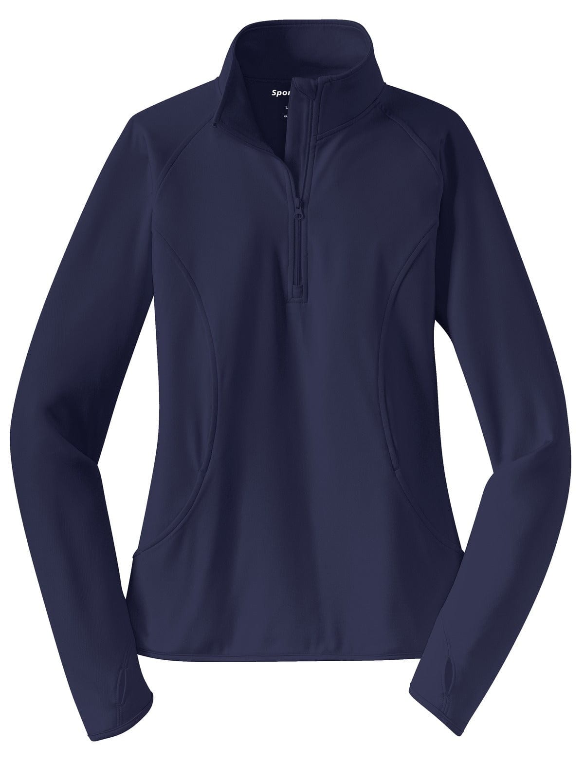 A navy blue Sport-Tek ladies' sport-wick stretch 1/2-zip pullover featuring a logo.