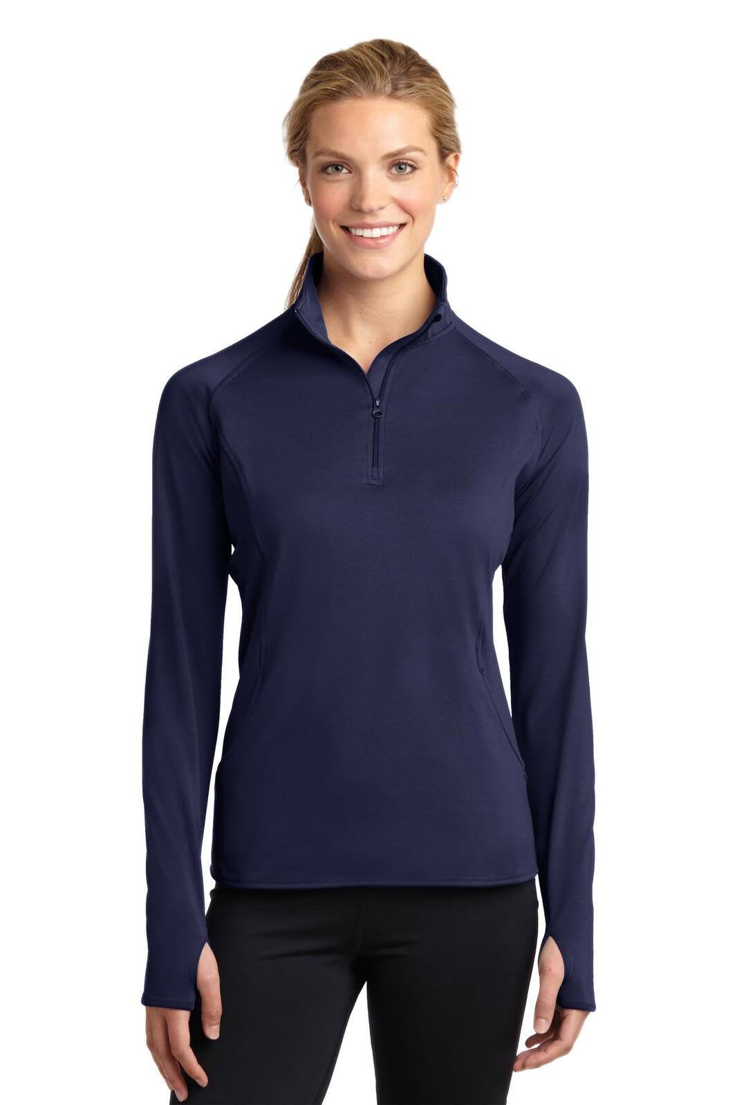 A navy blue ladies' long-sleeve pullover with a 1/2 zip and a logo on the front.