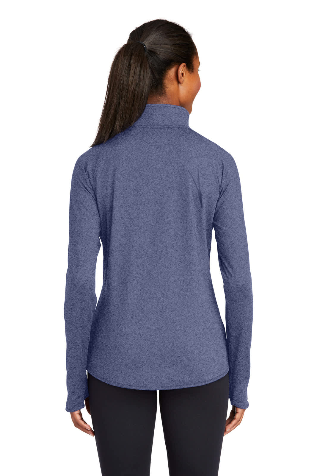 A navy blue Sport-Tek ladies' sport-wick stretch 1/2-zip pullover, featuring a high collar and long sleeves.
