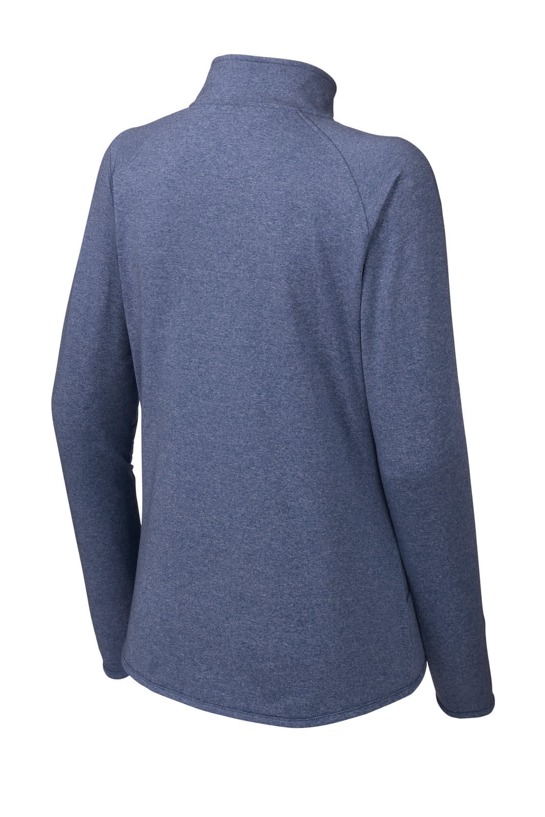 A blue ladies' pullover with a half-zip design and long sleeves, featuring a logo on the back.