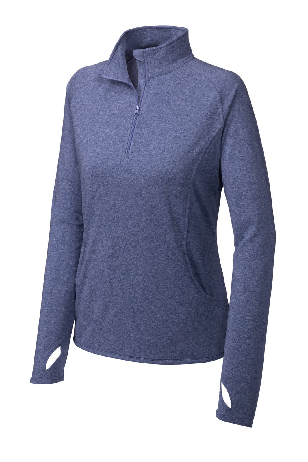 A blue ladies' pullover featuring a 1/2 zip, long sleeves, and a logo on the chest.