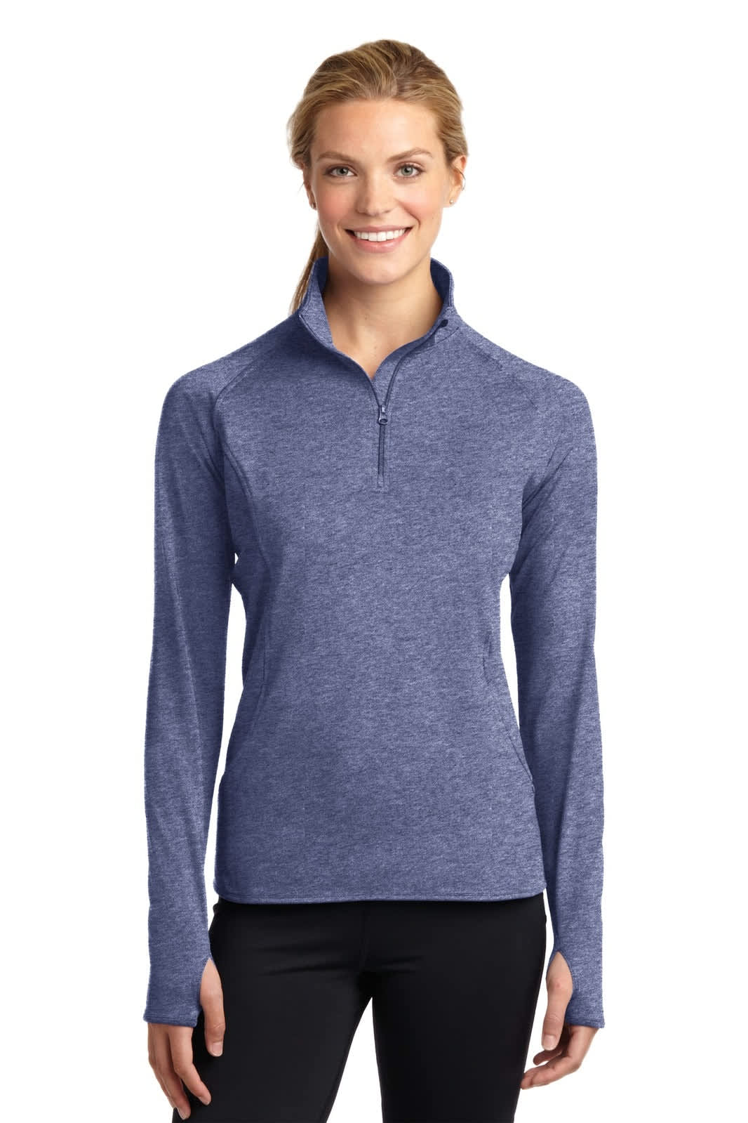 A blue long-sleeve 1/2-zip pullover jumper for ladies, featuring a fitted design and a logo.