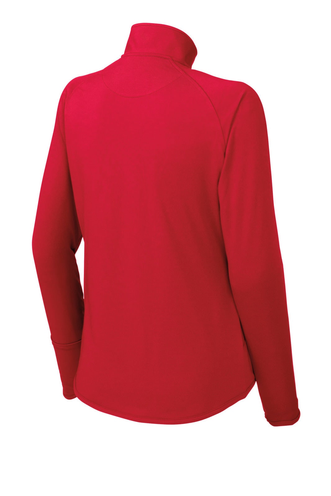 A red Sport-Tek Ladies Sport-Wick Stretch 1/2-Zip Pullover with a collar and long sleeves, featuring a logo.