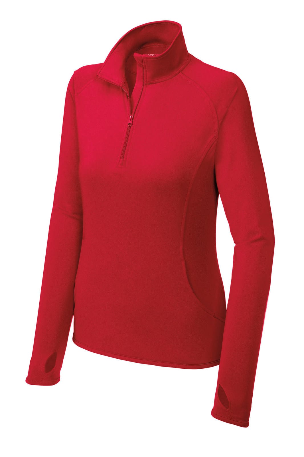 A red Sport-Tek Ladies Sport-Wick Stretch 1/2-Zip Pullover with a high collar and long sleeves. Features a logo.