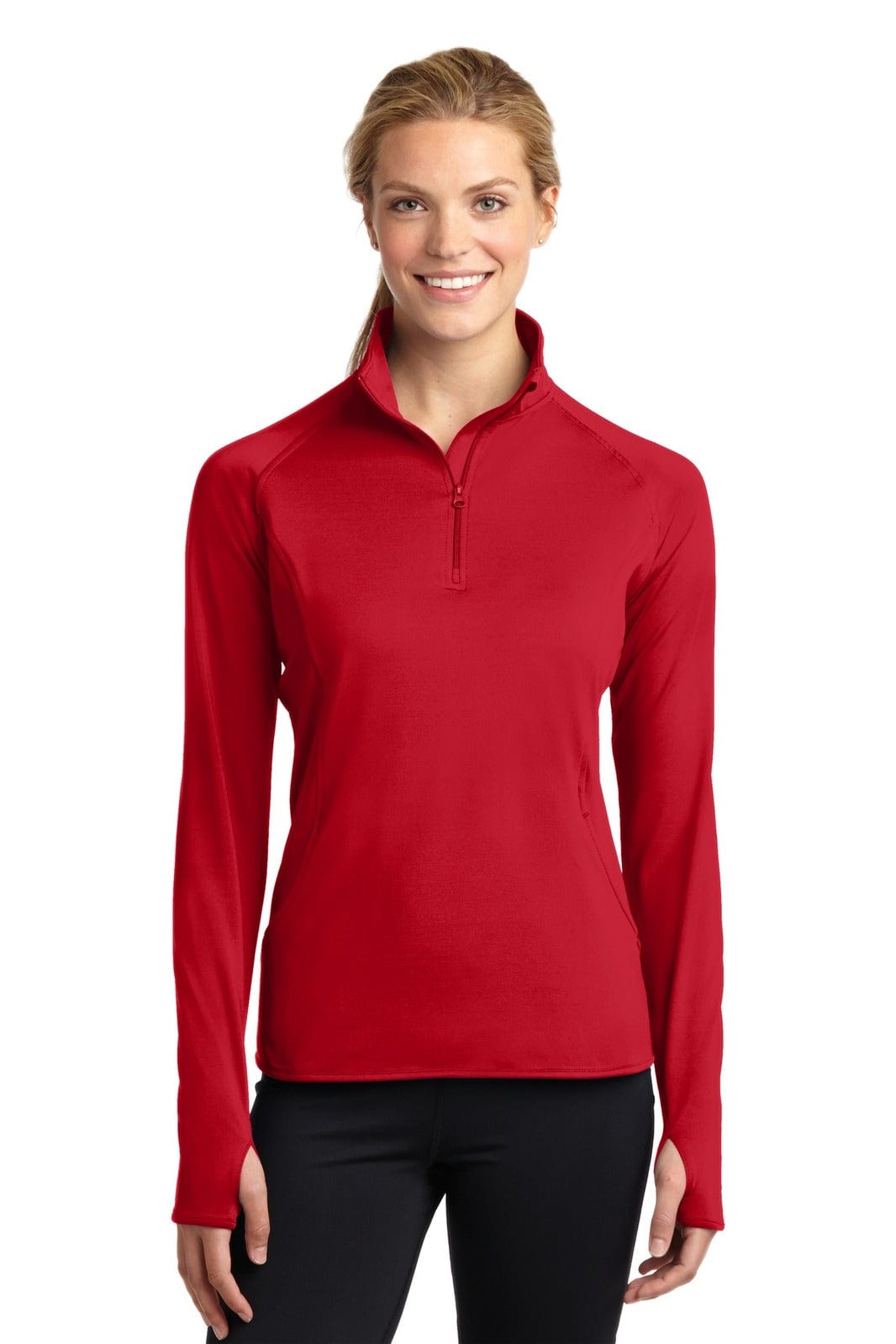A red ladies' pullover with a half-zip design, featuring long sleeves and a logo.