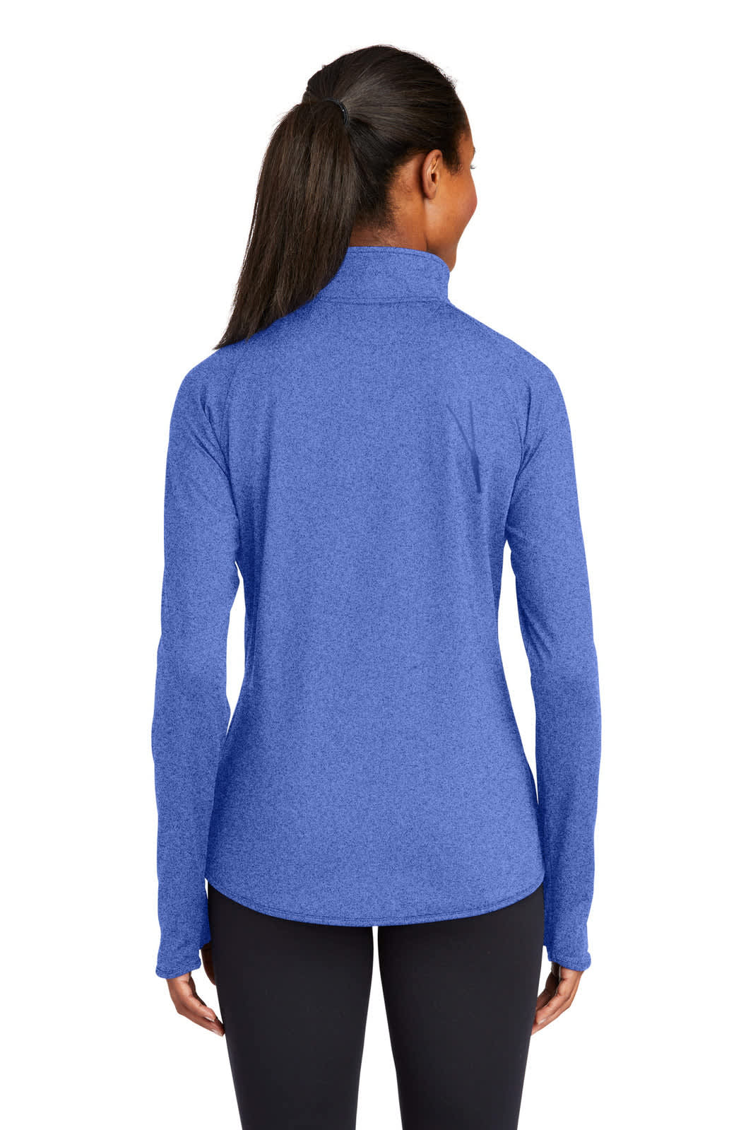 A blue women's 1/2-zip pullover with a fitted silhouette, featuring long sleeves and a collar.