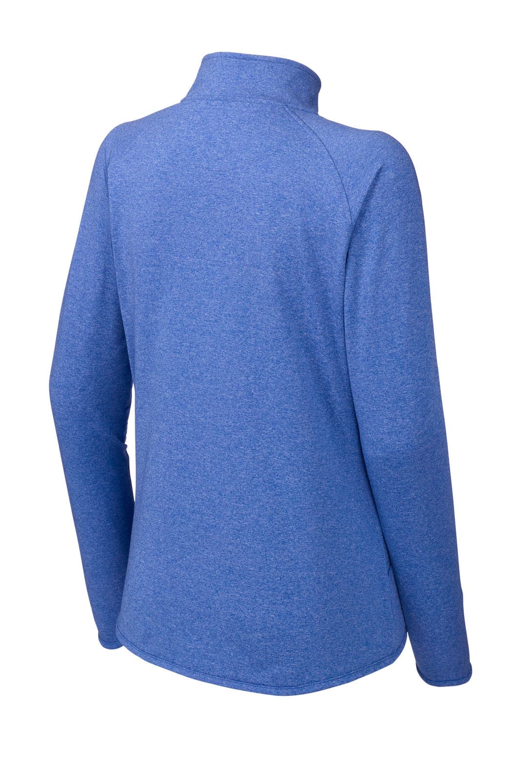 A blue Sport-Tek Ladies Sport-Wick Stretch 1/2-Zip Pullover with a standing collar and long sleeves.