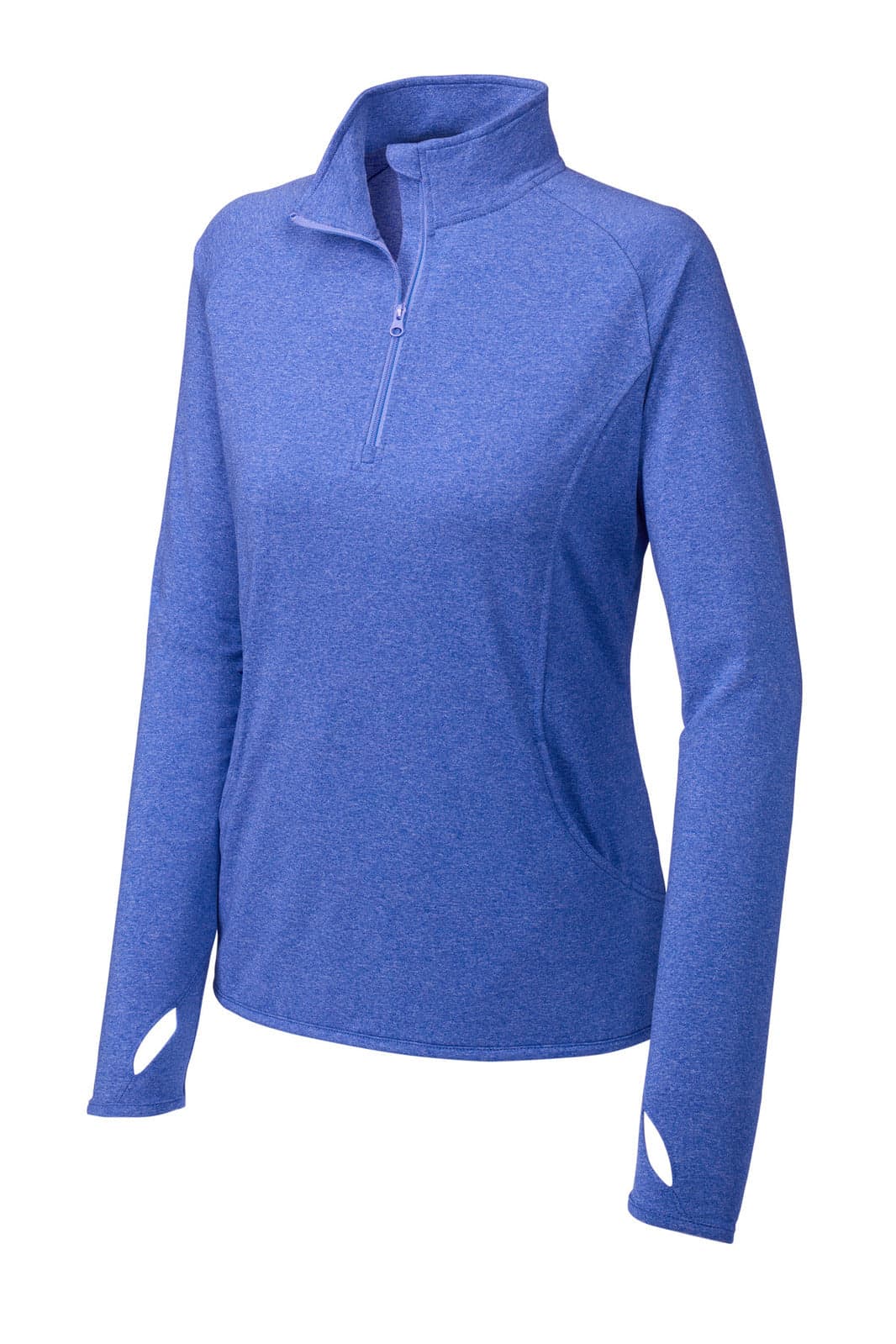 A ladies' pullover in a vibrant blue colour with a half-zip collar and thumb holes. Features a logo.