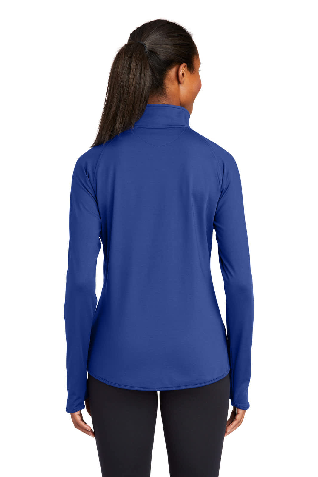 A blue Sport-Tek Ladies Sport-Wick Stretch 1/2-Zip Pullover with a high collar and long sleeves, featuring a logo.