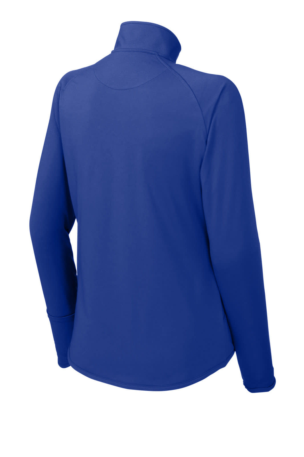 A blue Sport-Tek Ladies Sport-Wick Stretch 1/2-Zip Pullover with a high collar and long sleeves, featuring a logo.