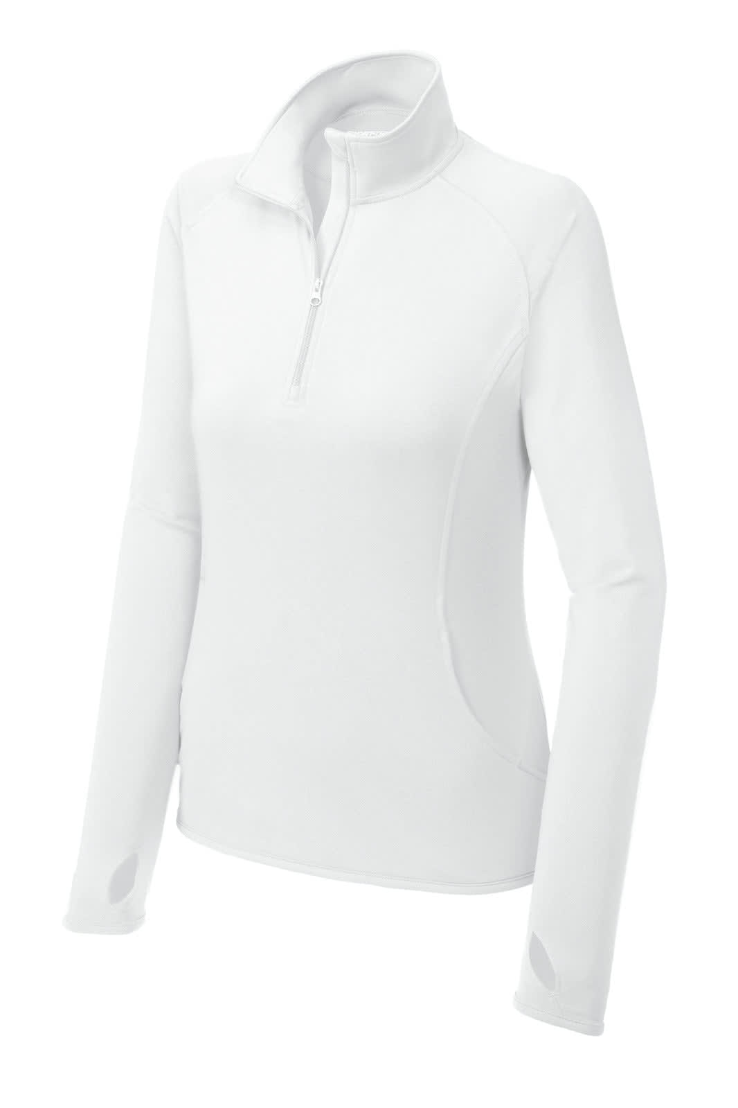 A white Sport-Tek ladies' half-zip pullover with long sleeves and a logo. Ideal for casual wear and sport activities.