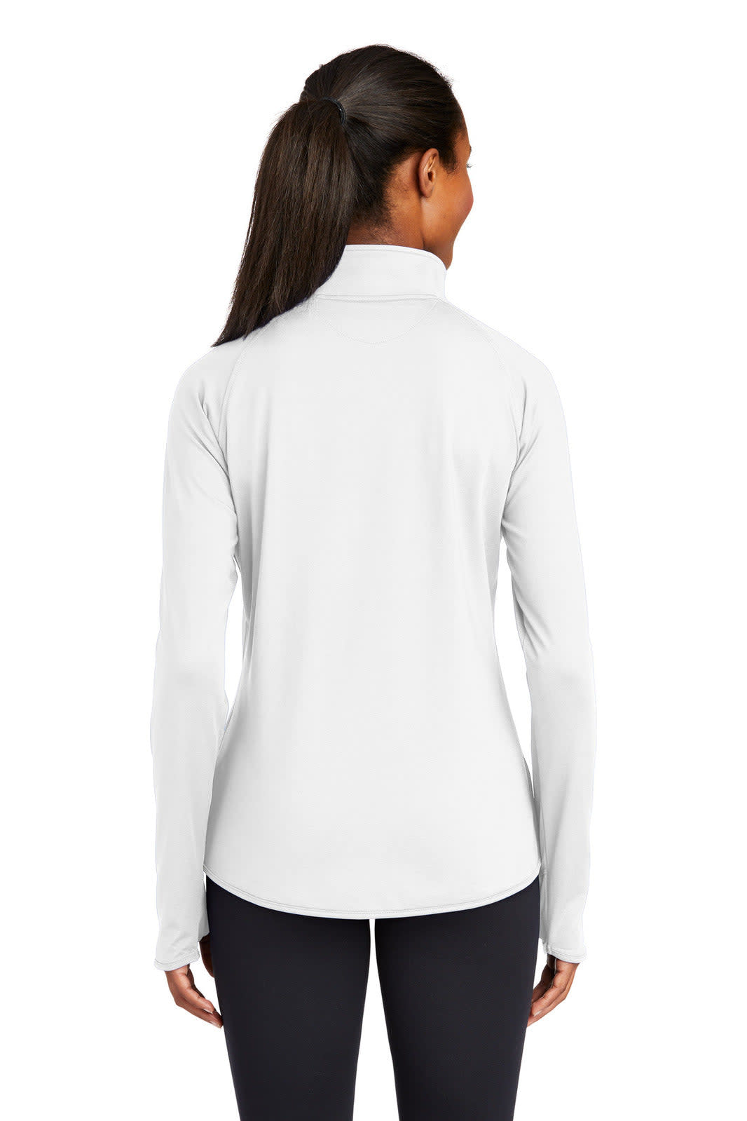 A white ladies' long-sleeve pullover with a half-zip collar, featuring a logo on the back.