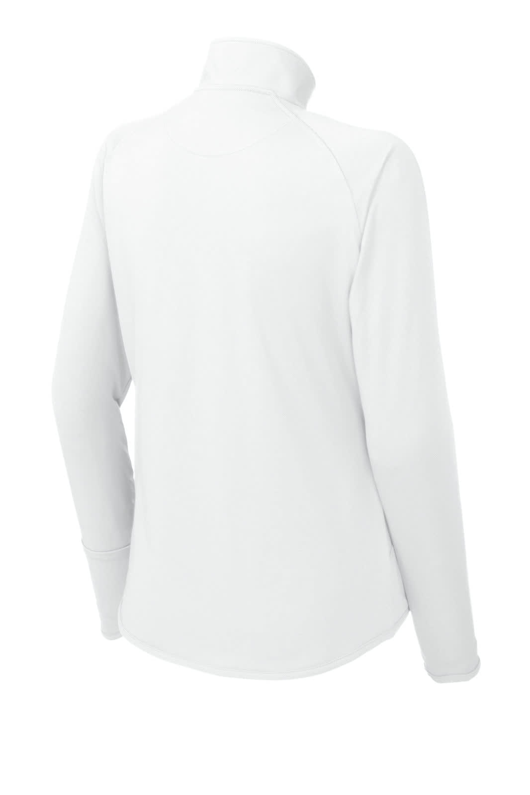 A white Sport-Tek Ladies Sport-Wick Stretch 1/2-Zip Pullover featuring long sleeves and a high collar, with a brand logo.