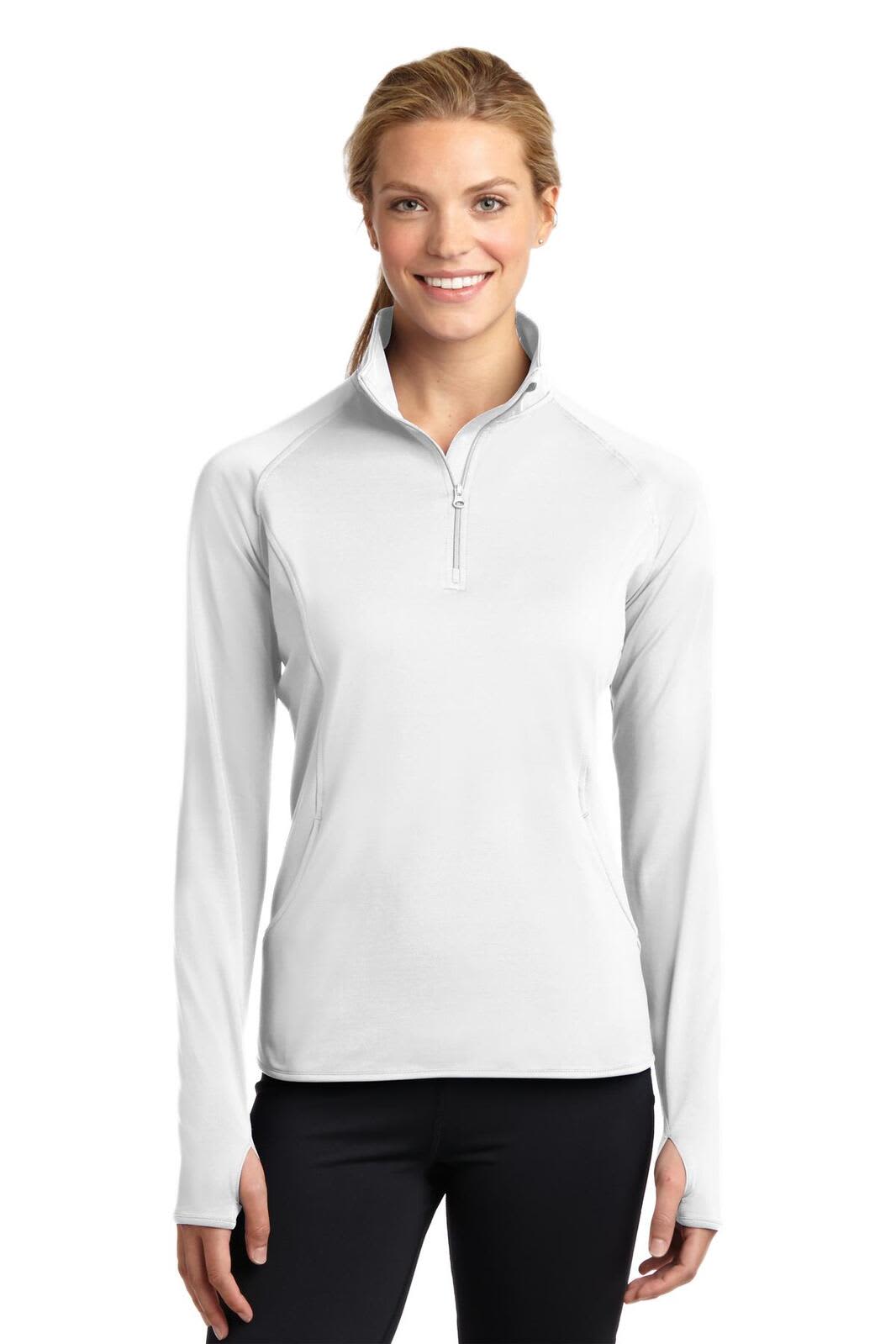 A light grey Sport-Tek Ladies Sport-Wick Stretch 1/2-Zip Pullover featuring a logo, designed for comfort and style.