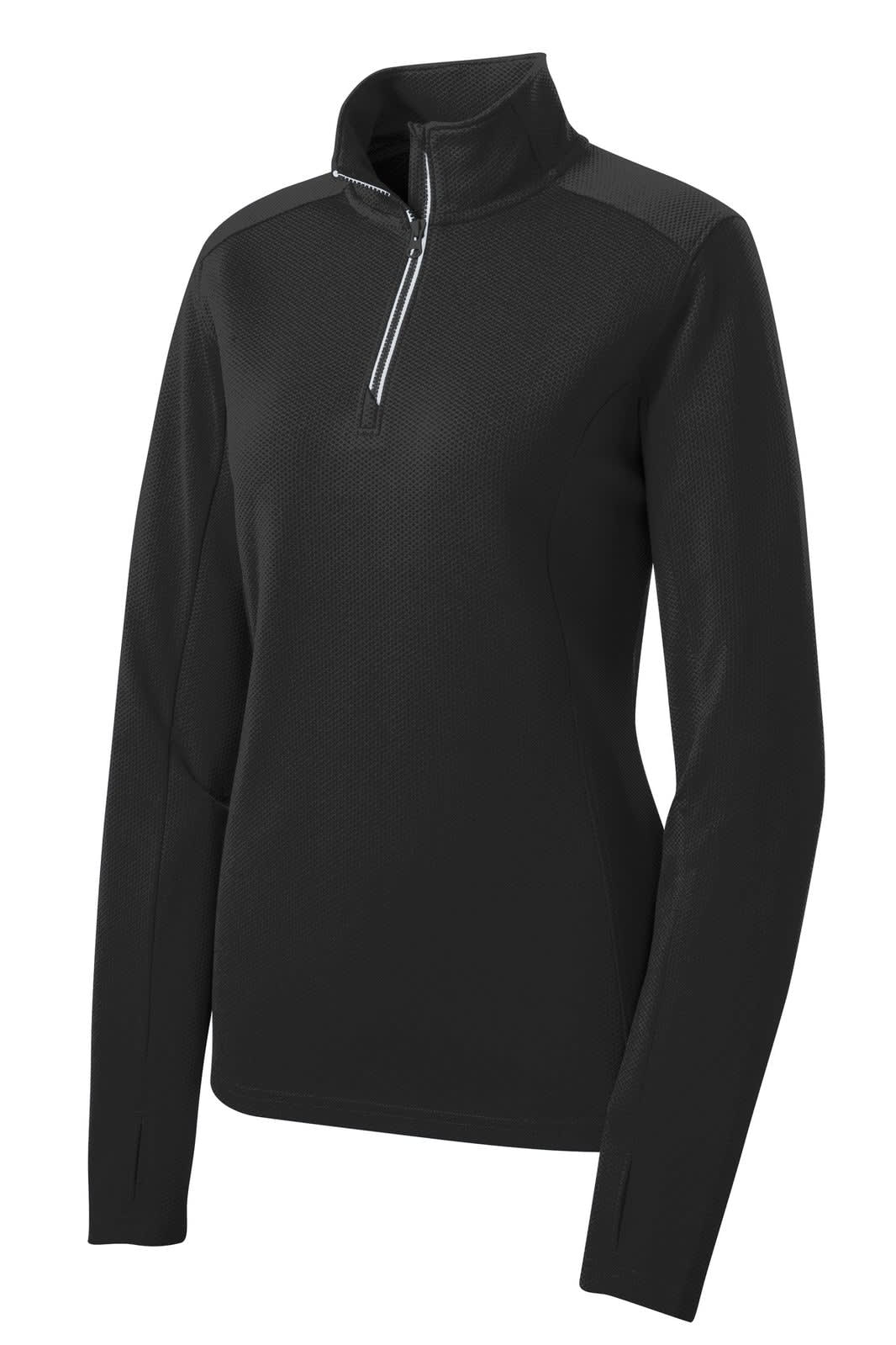 A black Sport-Tek Ladies Sport-Wick Textured 1/4-Zip Pullover with long sleeves and a collar. Features a logo.