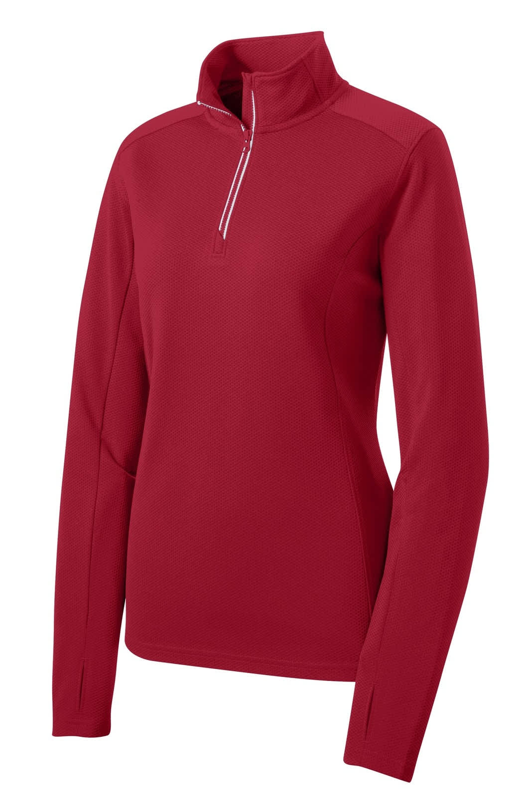 A red Sport-Tek Ladies Sport-Wick Textured 1/4-Zip Pullover with a high collar and long sleeves, featuring a logo.