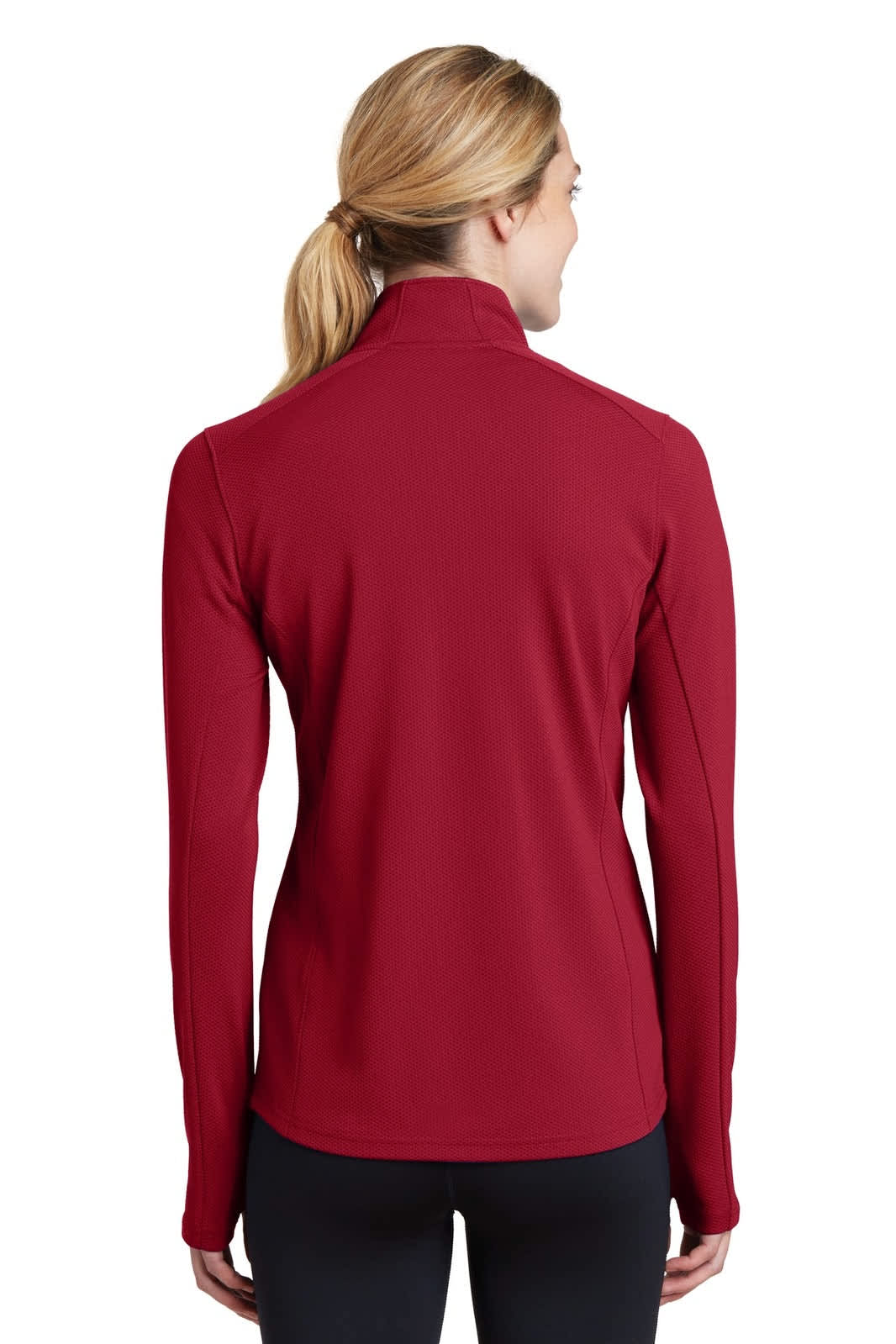 A red ladies' pullover with a 1/4-zip design, featuring a textured finish and a logo on the back.