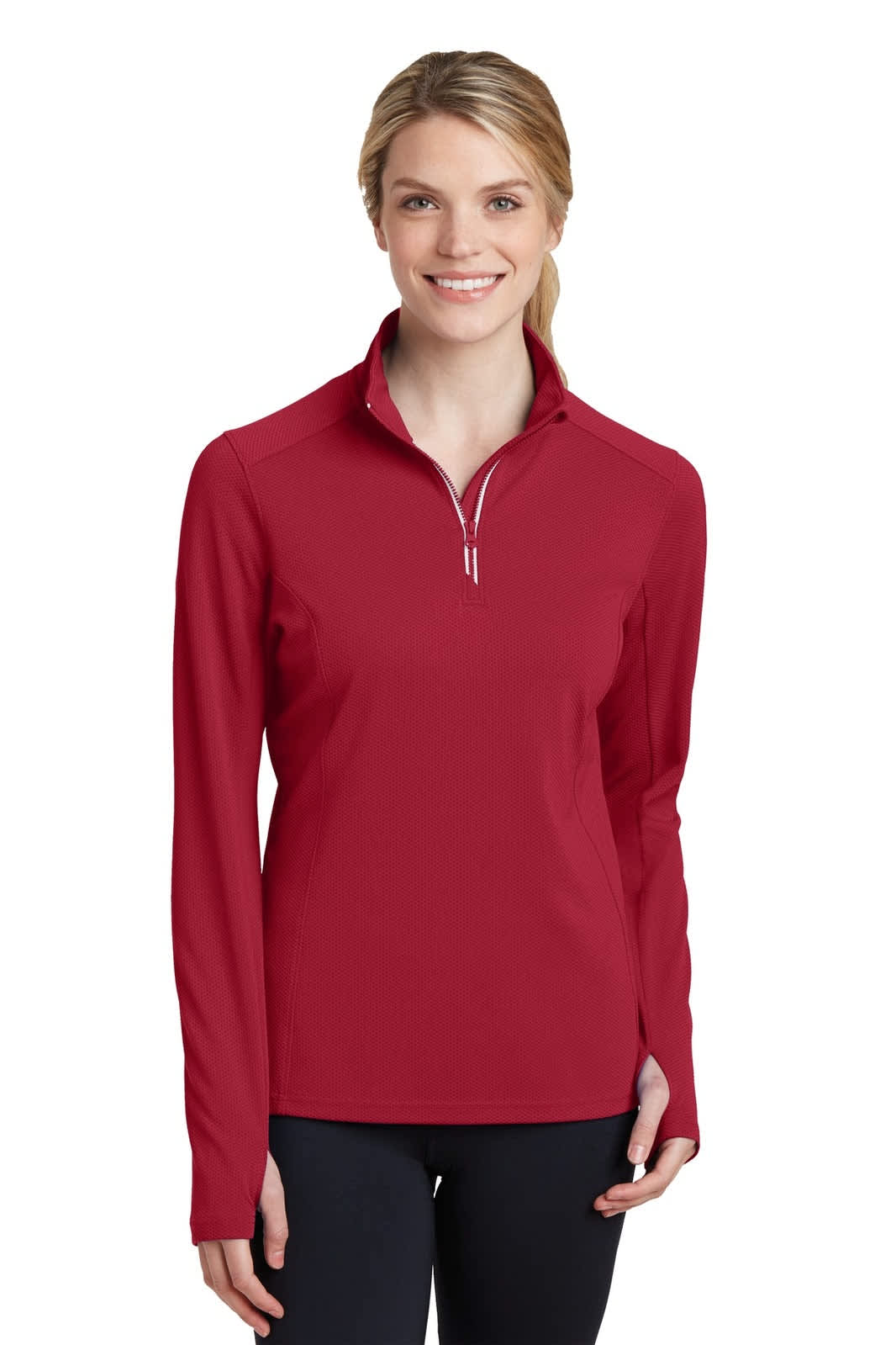 A red Sport-Tek ladies' 1/4-zip pullover with long sleeves, featuring a small branded logo.