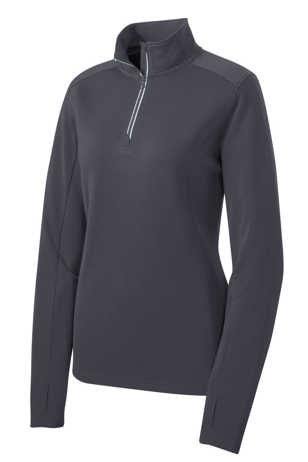 A dark grey Sport-Tek Ladies Sport-Wick Textured 1/4-Zip Pullover with long sleeves and a zipper at the neck.