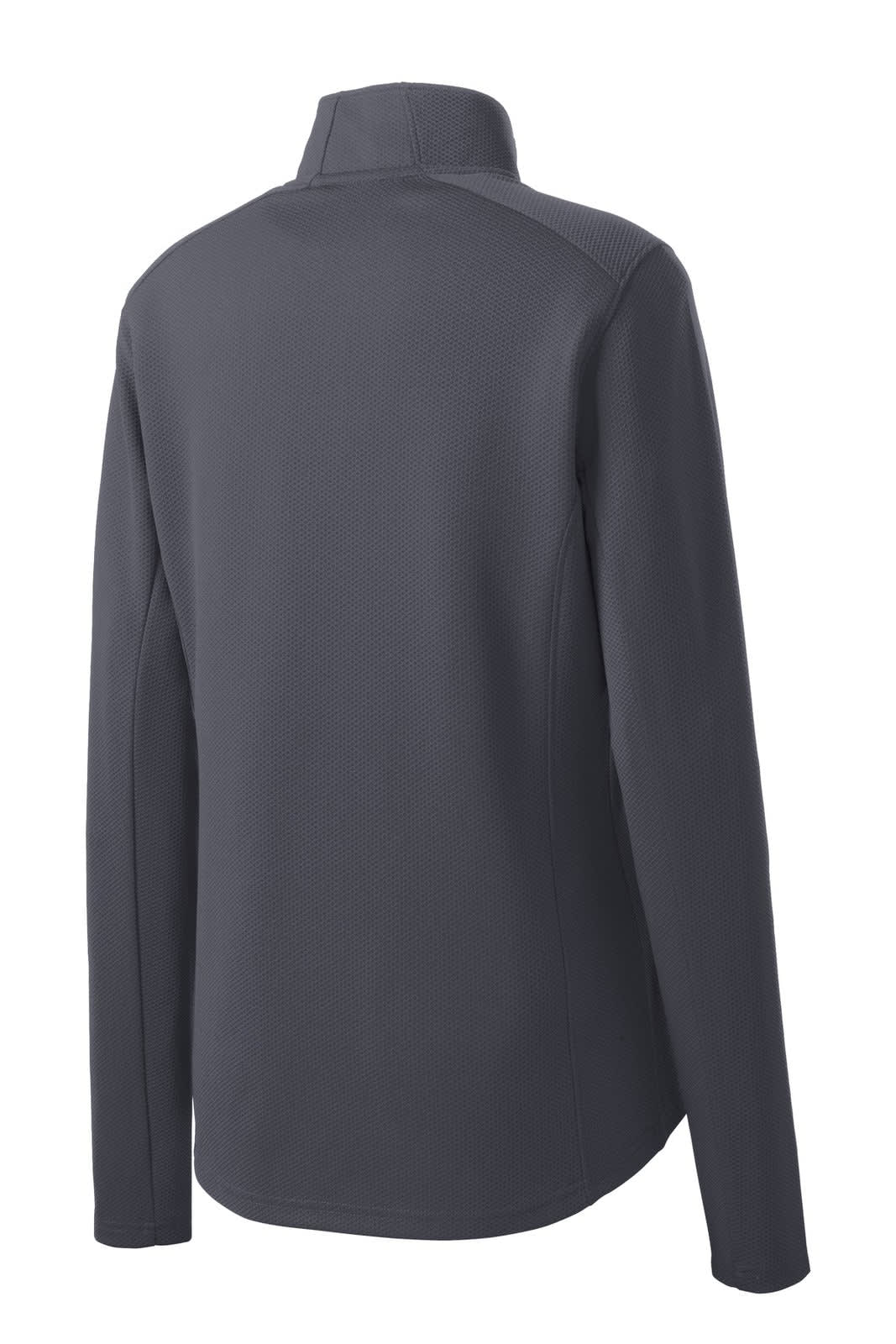 A dark grey sport pullover with a quarter-zip collar and long sleeves, featuring a logo on the back.