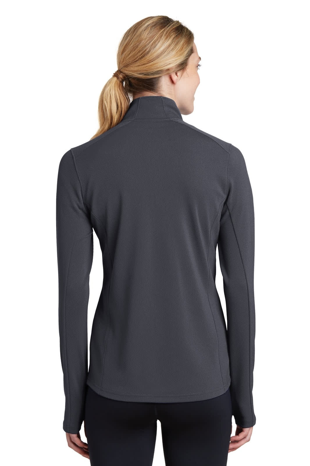 A grey Sport-Tek Ladies Sport-Wick Textured 1/4-Zip Pullover featuring a fitted design and a high collar.